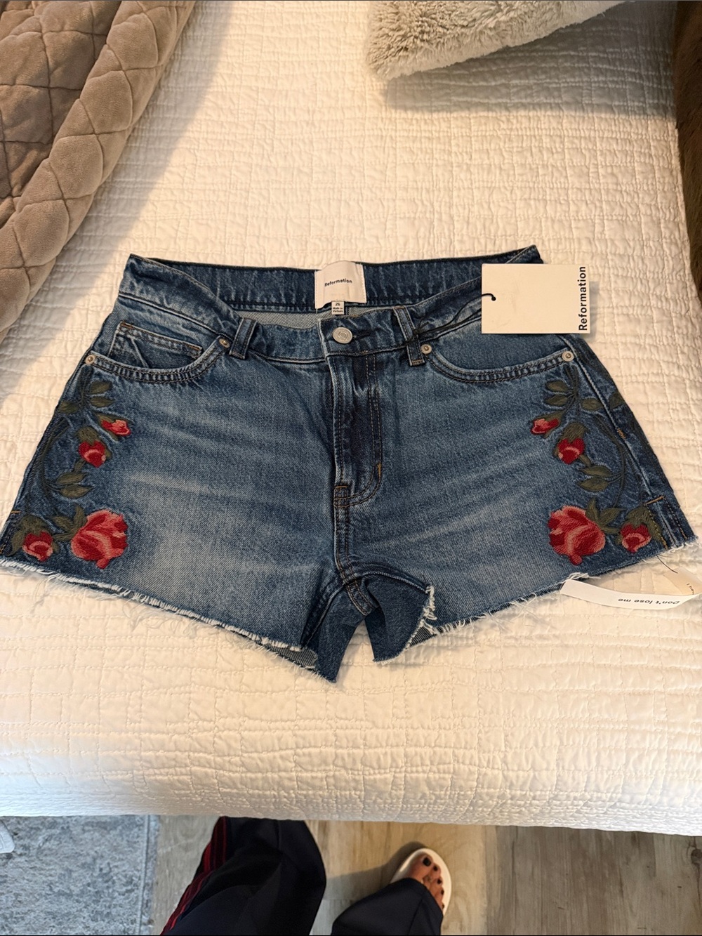 Reformation Blue Denim Rose-Embroidered High-Rise Shorts